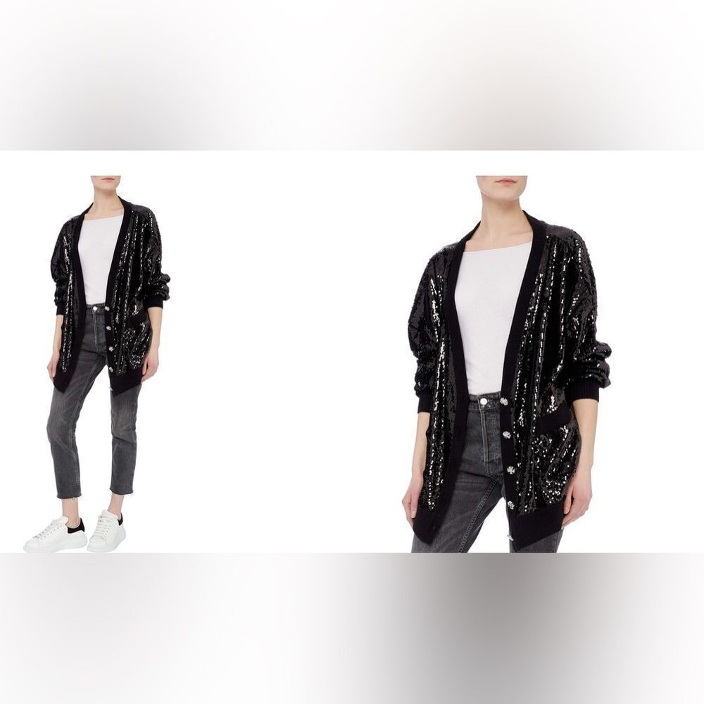 The Kooples Womens Wool Cashmere V-Neck Sequins Button Front Cardigan Black Xl